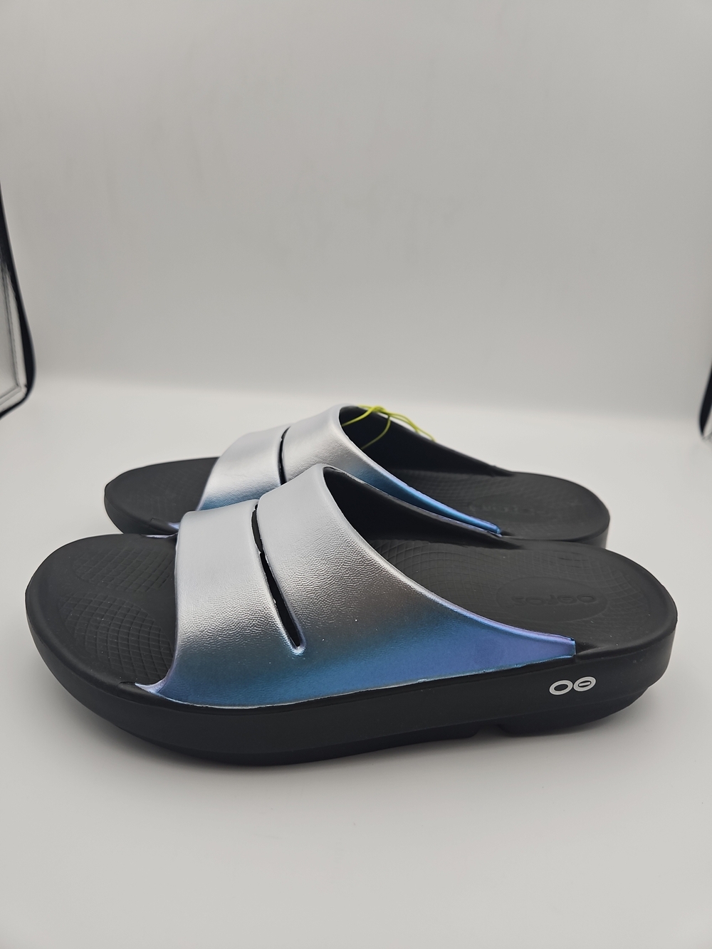 OOFOS Metallic Silver Blue Slide Sandals